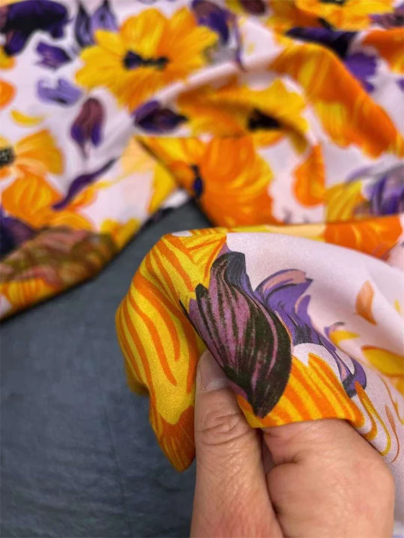 Yellow Passionate Sunflower 96% Silk% Spandex Elastic Satin Crepe Fabric Big Brand Shirt Skirt Mulberry Silk Fabric By The Meter