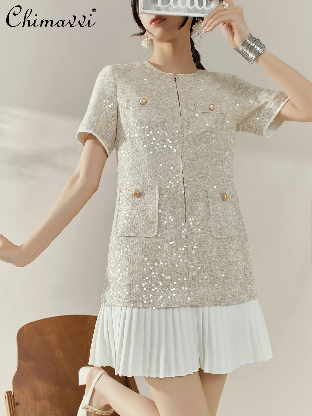 

French Elegant High-End Socialite Sequin Evening Party Dress Round Neck Short Sleeve Zipper Pleated Patchwork Summer Dress Women
