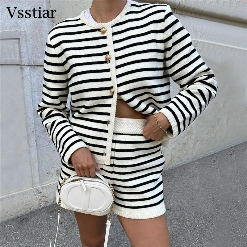 Vsstiar Fashion Striped Women Two Piece Set Long Sleeve Single Breasted Crop Top Knitted Pockets Shorts Elegant Casual Suits