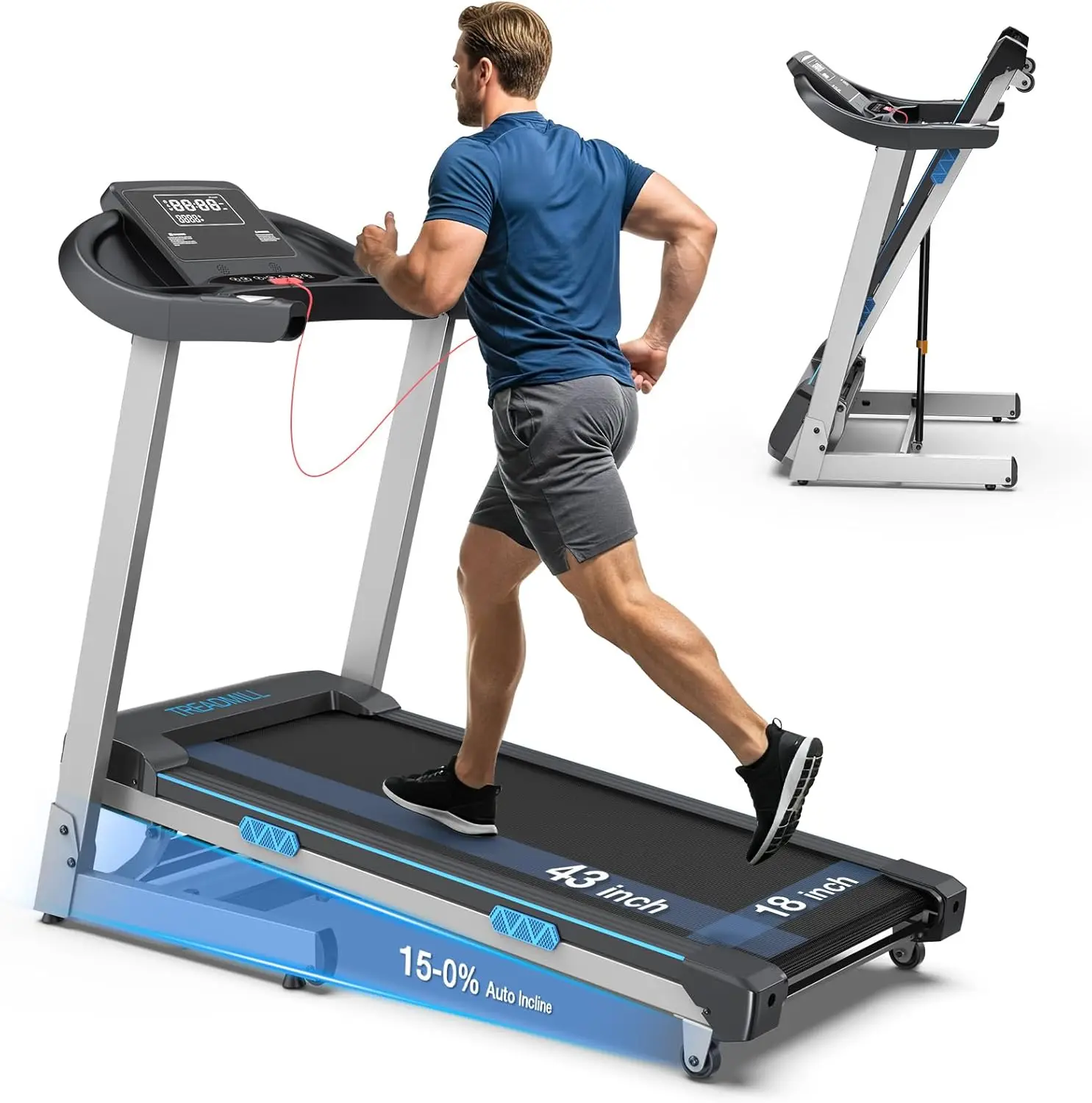 Folding Treadmill with 15% Incline - Under-Desk Walking Pad with Handlebar, 400 lbs Heavy-Duty Capacity, Quiet Space-Saving Design for Home Office, Seniors, and Fitness