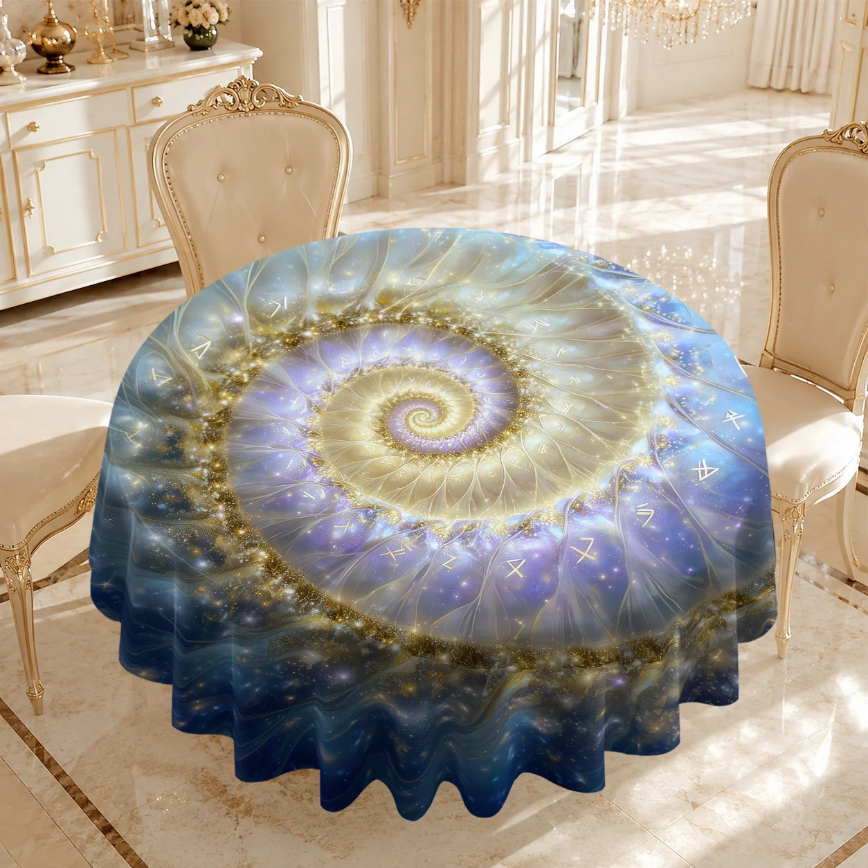 1pc Round Tablecloth, Spiral, Starburst, Mysterious Symbols Forming a Dreamy Pattern 2D Printed Round Tablecloth