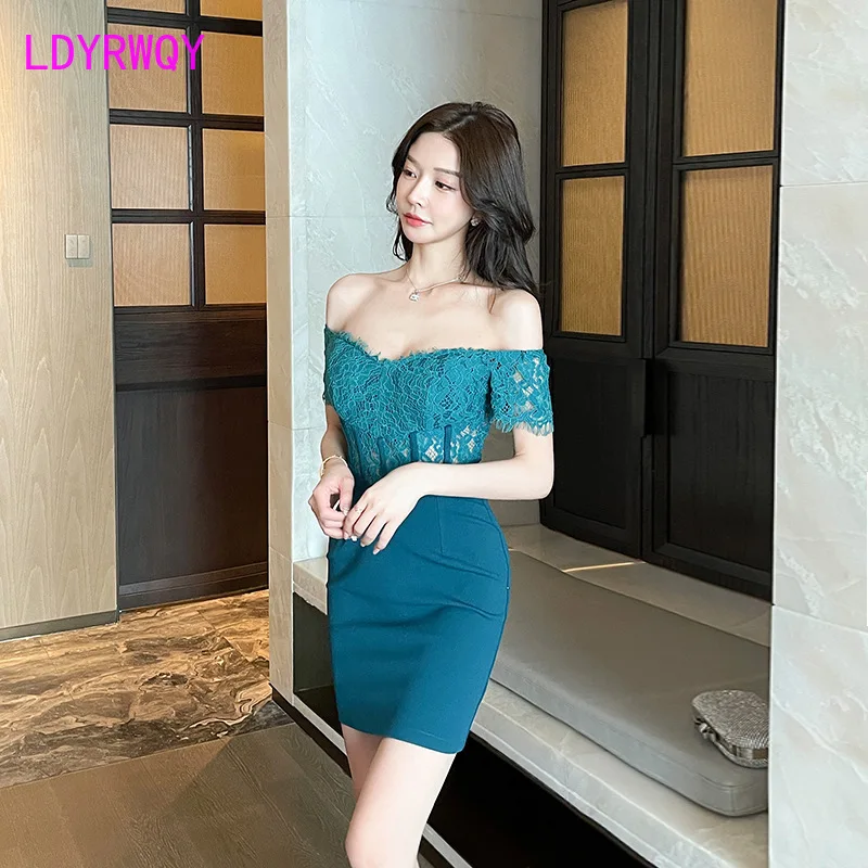 Lace patchwork V-neck strapless dress, night scene sexy hollow waist bag, hip skirt, temperament backless short skirt