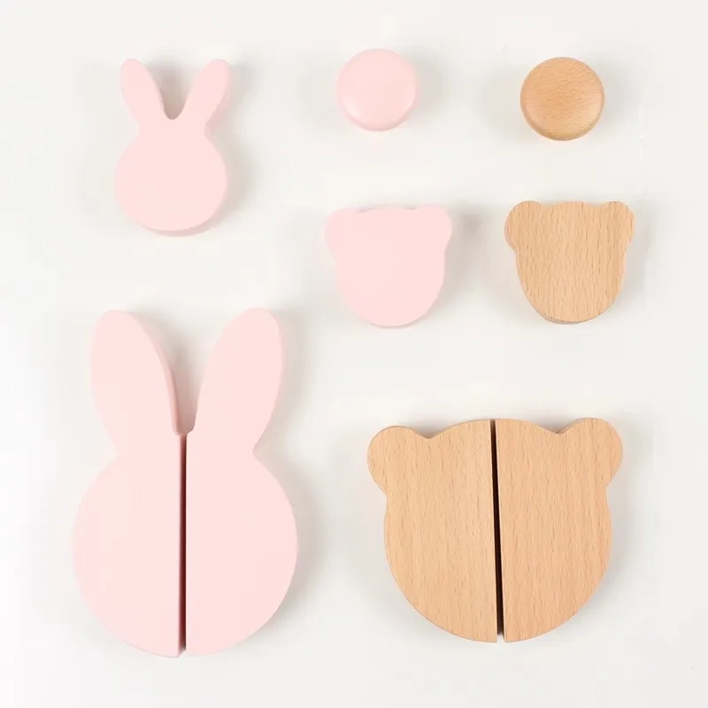 Solid Wooden Cabinet Handles Beech Rabbit Wardrobe Pulls For Children's Room Pink Bear Drawer Knobs Modern Furniture Hardware