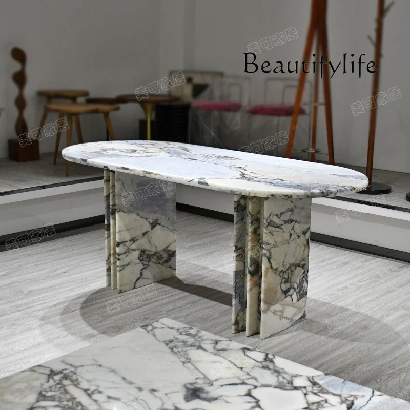 N44 Wabi Sansan Blue Natural Marble Dining Table Small Unit Simple Light Luxury Household Oval Dining Table
