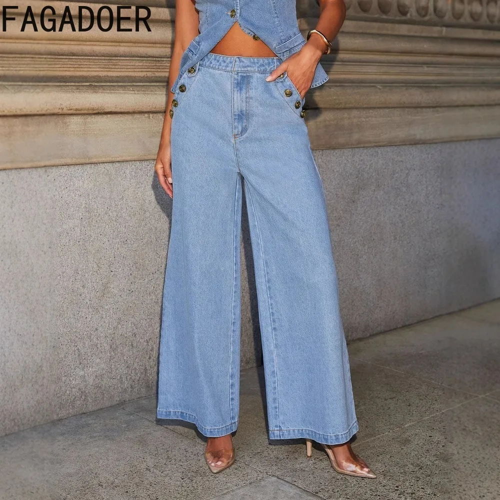 FAGADOER Fashion Denim Two Piece Set For Women Sleeveless Buttons Patchwork Slim Jacket And High Waist Wide Leg Jeans Outfit