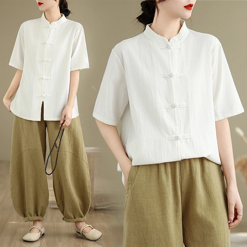 

Retro Chinese Style Short Sleeve Shirt Women's Open Cardigan Coat Pure Color Buckle Design National Style Buddhist Layman's C...