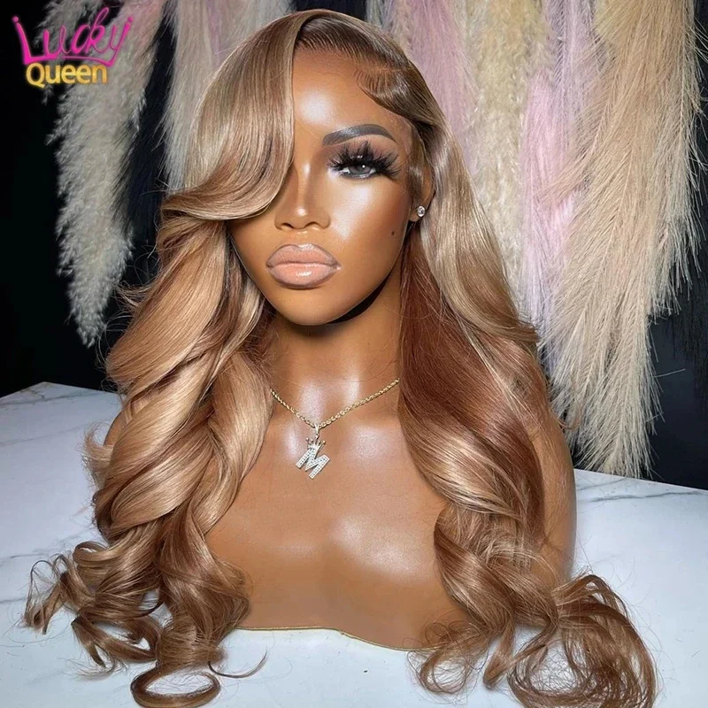 Dark Root Ombre Color Body Wave Human Hair 5X5 Closure Wig Pre Plucked Honey Ash Blonde Brown 13X4 Transparent Lace Front Wig