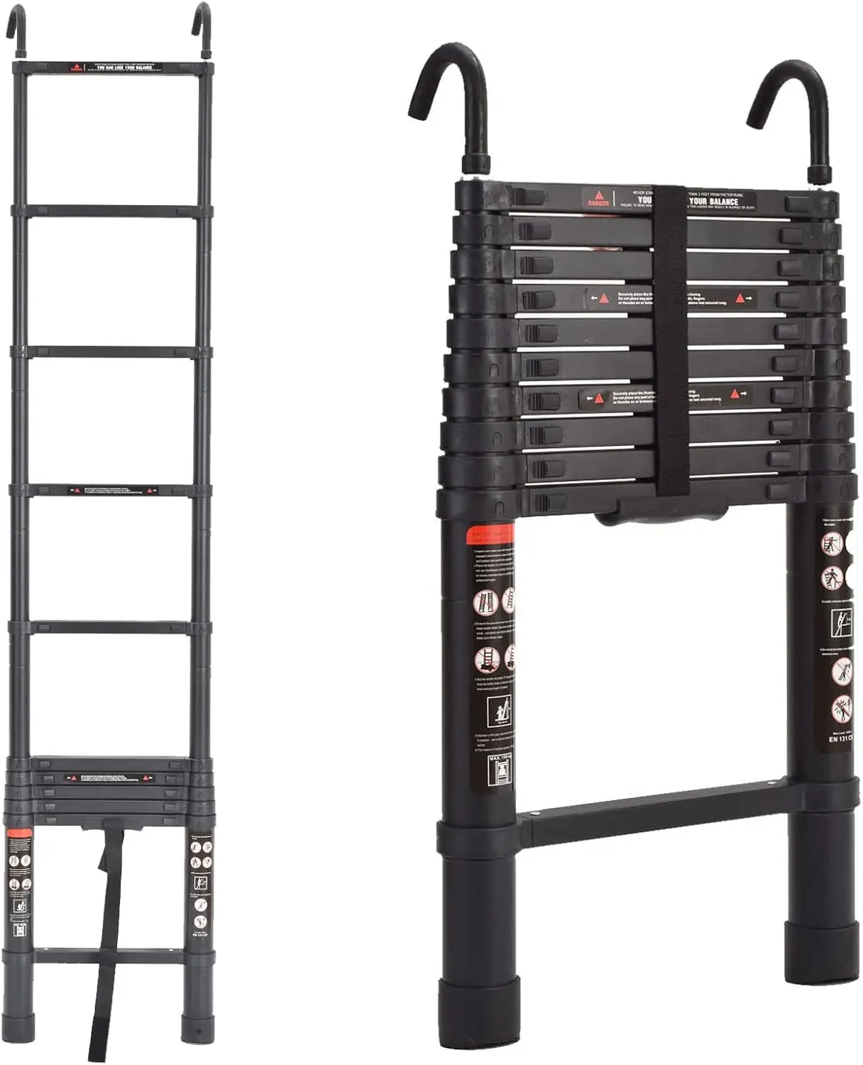 10.5ft Step Ladder Aluminum Telescoping Ladder with Detachable Roof Hooks, Black, 330lbs Load Capacity Heavy Duty Portable