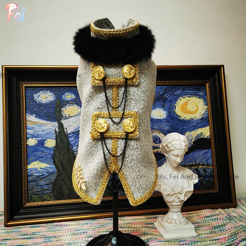 

Custom Vintage Royal Pet Blazer, Embroidered Gray Tweed Coat with Gold Chain & Black Fur, Handmade Winter Apparel for Small Pets