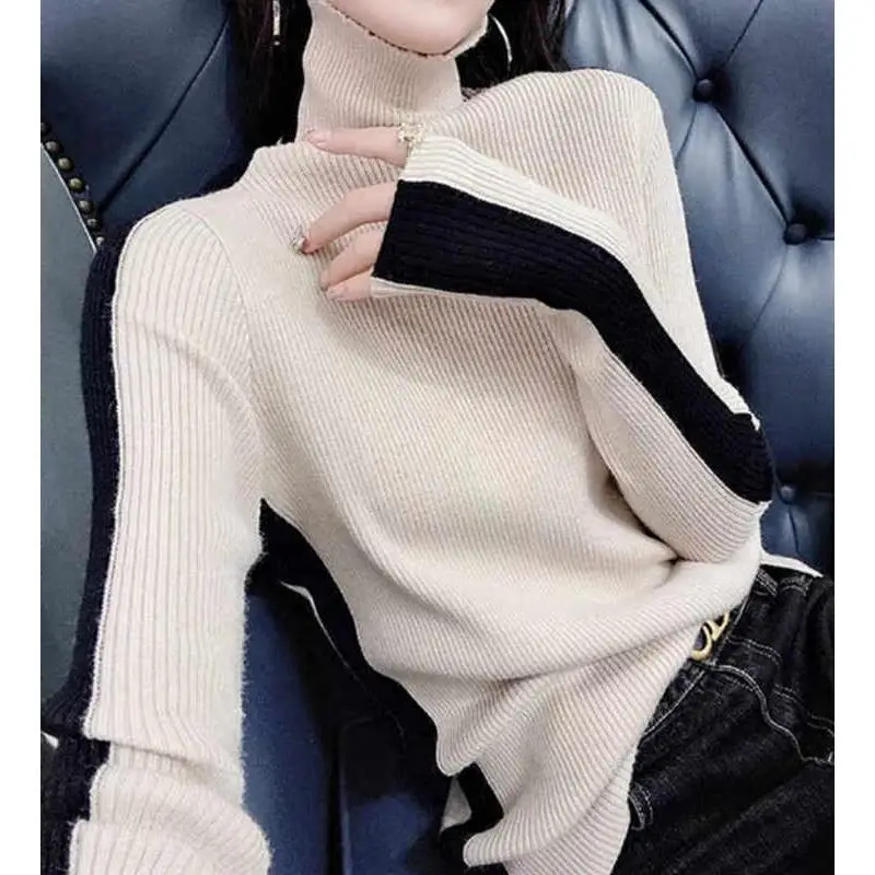 2024 Winter New Korean Slim Fit Sweater Patchwork Turtleneck Long Sleeve Knitted Clothes Pullover Women Fashion Warm Top V4