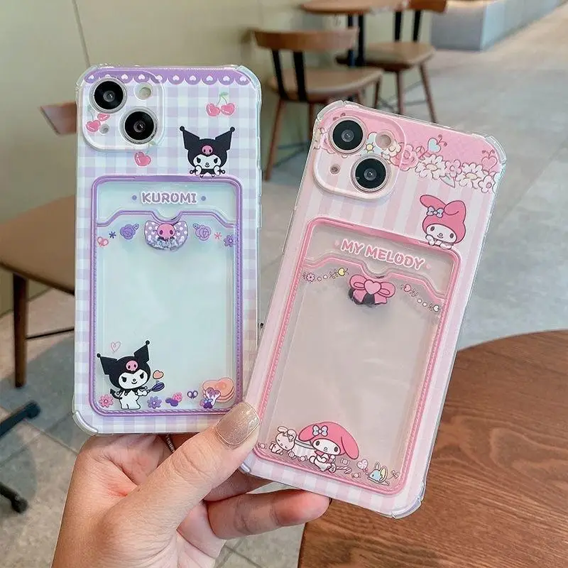 Kuromi Melody Card Holder Slot Bag Soft Silicone Phone Case for IPhone 16 15 14 13 12 Mini 11 Pro XS X XR 7 8 Plus SE 2020 2022