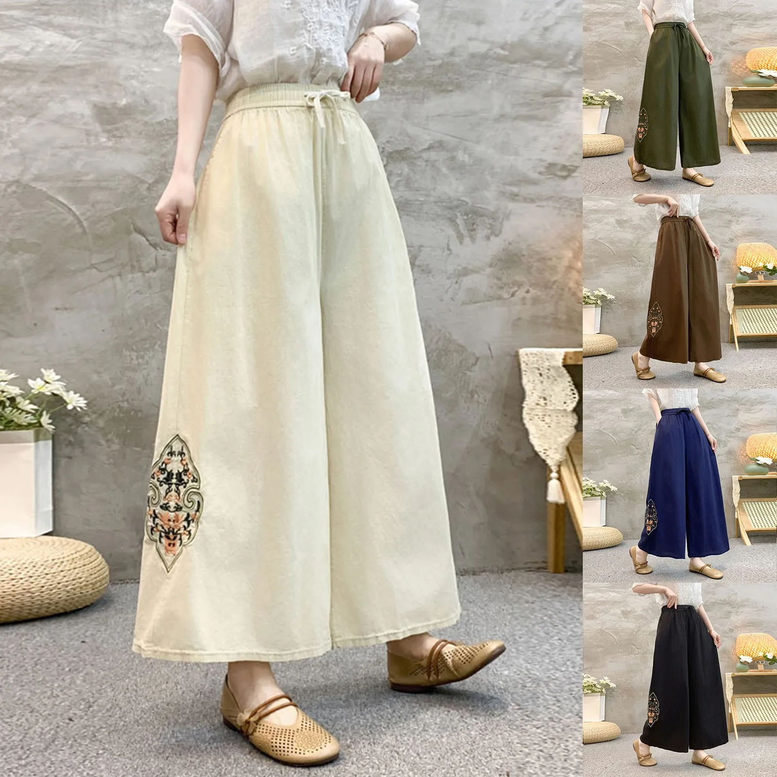 

Women's Summer Fashion Ethnic Style Cotton Linen Dress Pants Loose Linen Eight Points Wide Legged Dress Pants with Pockets