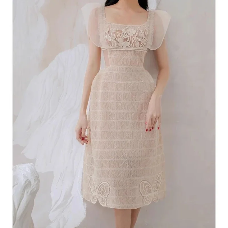 Vintage Apricot Lace Dress Women Elegance Sleeveless Square Neck Evening Dresses Female Sleeveless Luxury Design Clothing Ladies