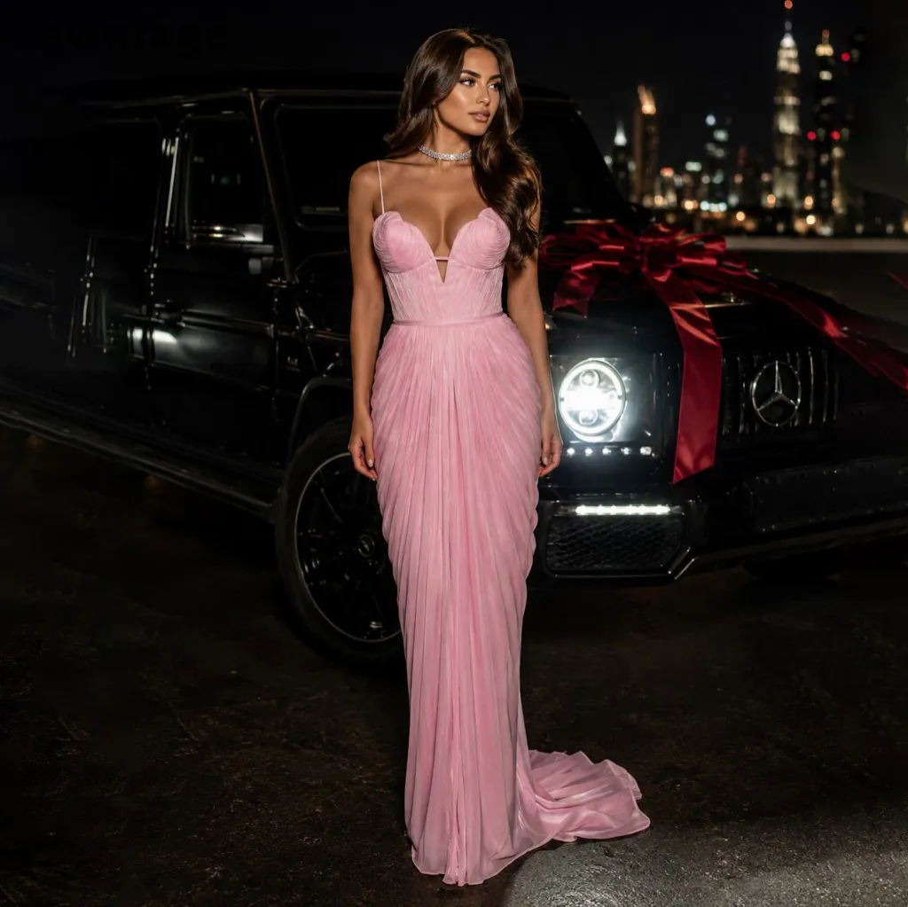 Pink Spaghetti Strap Crinkle Chiffon Evening Gown Sweetheart Corset Bodice Lace Up Back Draped Skirt Formal Party Gown Customize