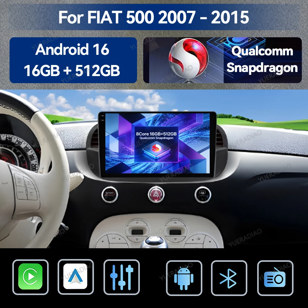 Android 16 Car Radio For Fiat 500 2007 - 2015 Head Unit QLED GPS NAVI Multimedia Stereo Video Player 4G WIFI Qualcomm BT 2DIN