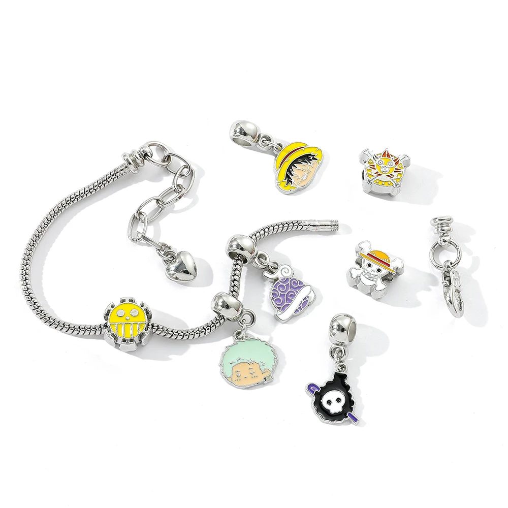 One Piece Charm Bracelet, DIY Straw Hat Pirates Devil Fruit Skull Pendant Bangle Cosplay Jewelry Gift for Fans