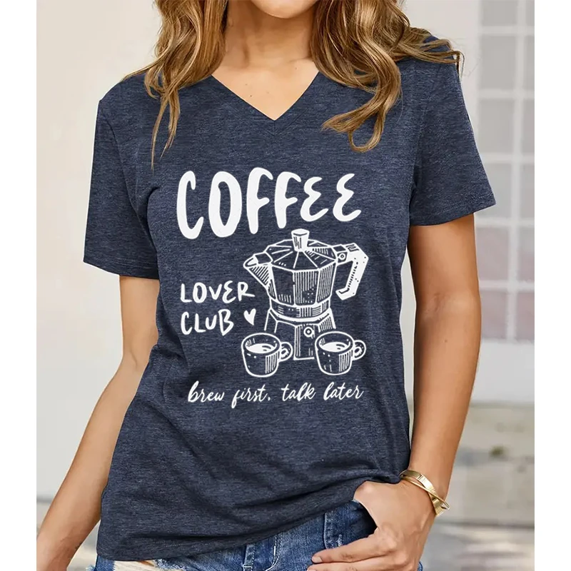 

Woman T-shirts Coffe Lover Club Summer Short Sleeve Tee V-neck Casual Tops Coffee Lover Gift New Fashion Casual T-shirt Tops