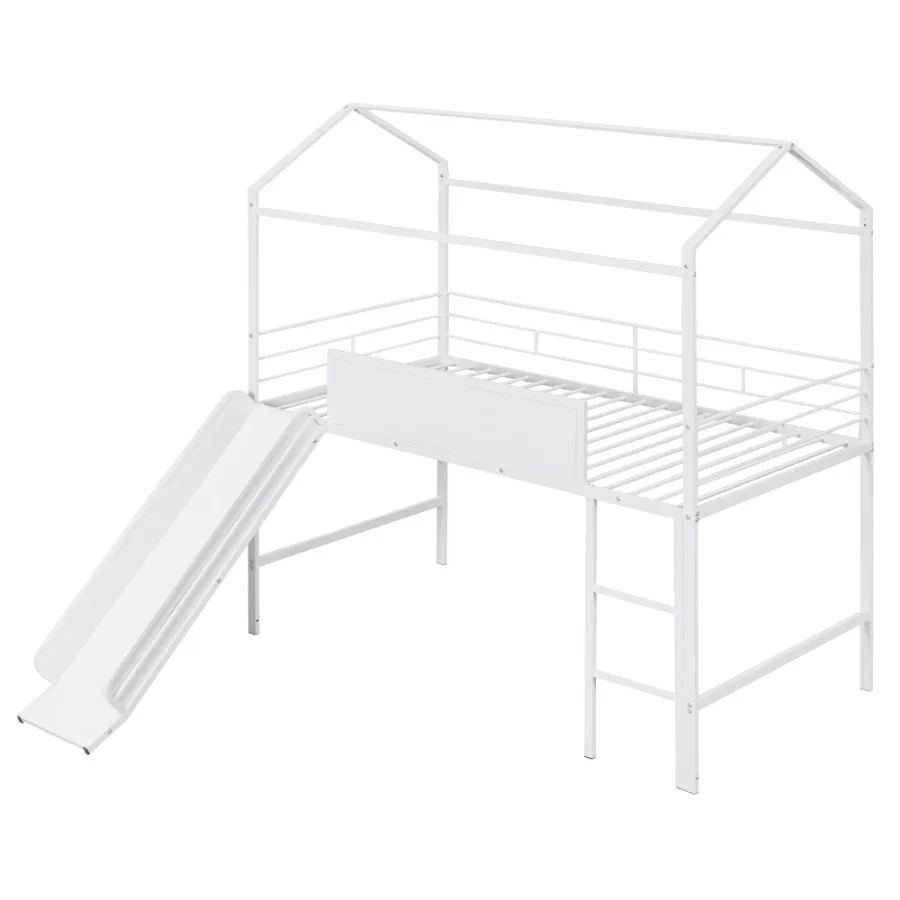 Metal House Bed With Slide Twin Size Metal Loft Bed with Two-sided writable Wooden Board White