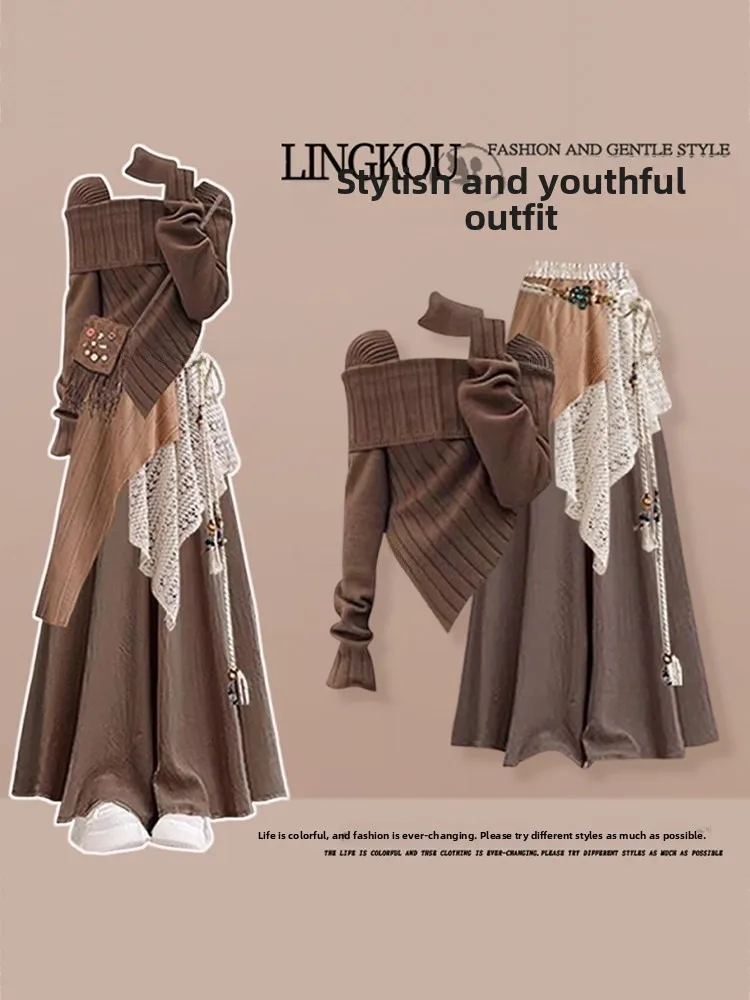 Cisas Red plus Size Autumn Winter Casual Knitted Sweater And Slimming Skirt Tee Piece Set for Women Anti-Aging Trendy