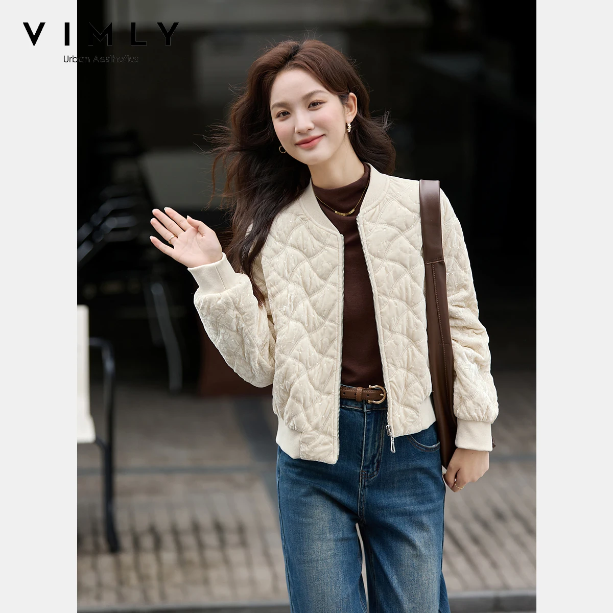 

VIMLY женские абрикосовые бейсбольные куртки 2025, зимние повседневные стеганые пуховики, женское пальто на молнии с бисером, женская короткая верхняя одежда A2931