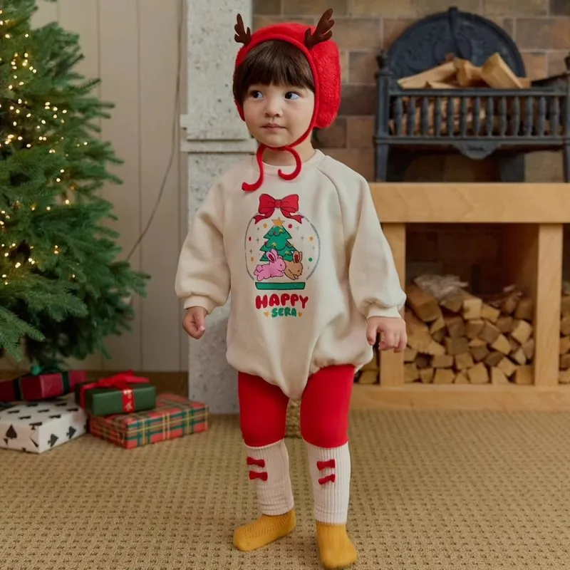 ชุดรอมเปอร์กำมะหยี่สีแดงสำหรับเด็กทารก เสื้อผ้าเด็กฤดูหนาว ชุดปีใหม่ สำหรับเด็กแรกเกิด เด็กหญิง เด็กชาย ลายต้นคริสต์มาส ลายรัก พร้อมหมวก