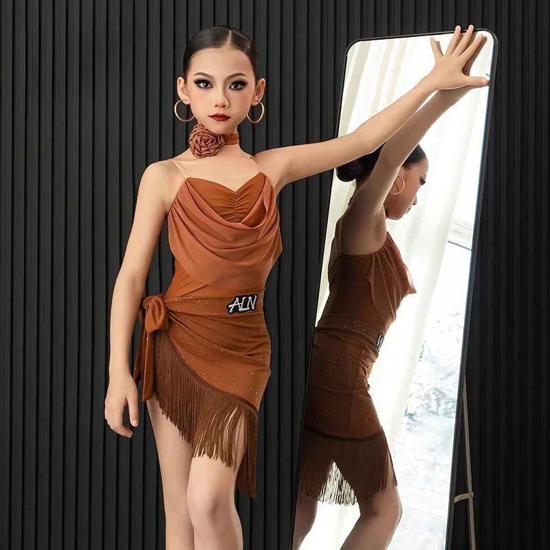 Abbigliamento da danza del ventre per ragazze per bambini Gonna da tango per bambini Abbigliamento da carnevale Abbigliamento da ballo Salsa latina Abiti da ballo con nappe di alta qualità