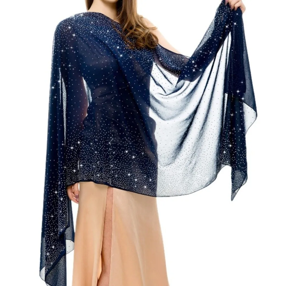 

Rhinestone Women Chiffon Shawl Soft Breathable Sparkling Sheer Wrap Thin Solid Color Party Scarf