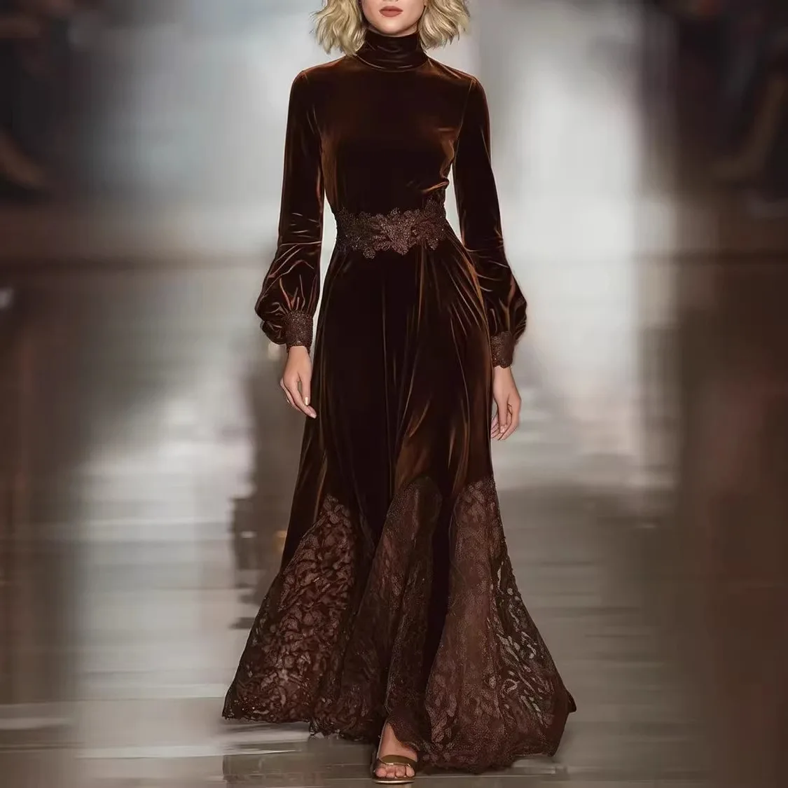 

Velvet Dress for Women Vintage Long Sleeves Turtleneck High Waist Fashion Maxi Dress Elegant Lace Hem Party Evening Dresses