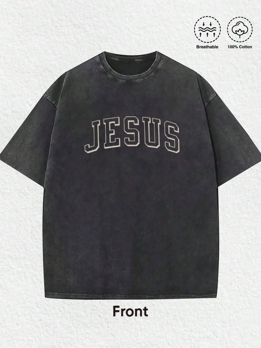 Jesus The Ultimate Deadlifter Graphic Tee - 1 PCS Vintage Distressed Design with Bold Front 'JESUS' Print and Artistic Back Illustration of Jesus Lifting Barbell - Made from 100% Breathable Cotton - Perfect Blend of Faith and Fitness