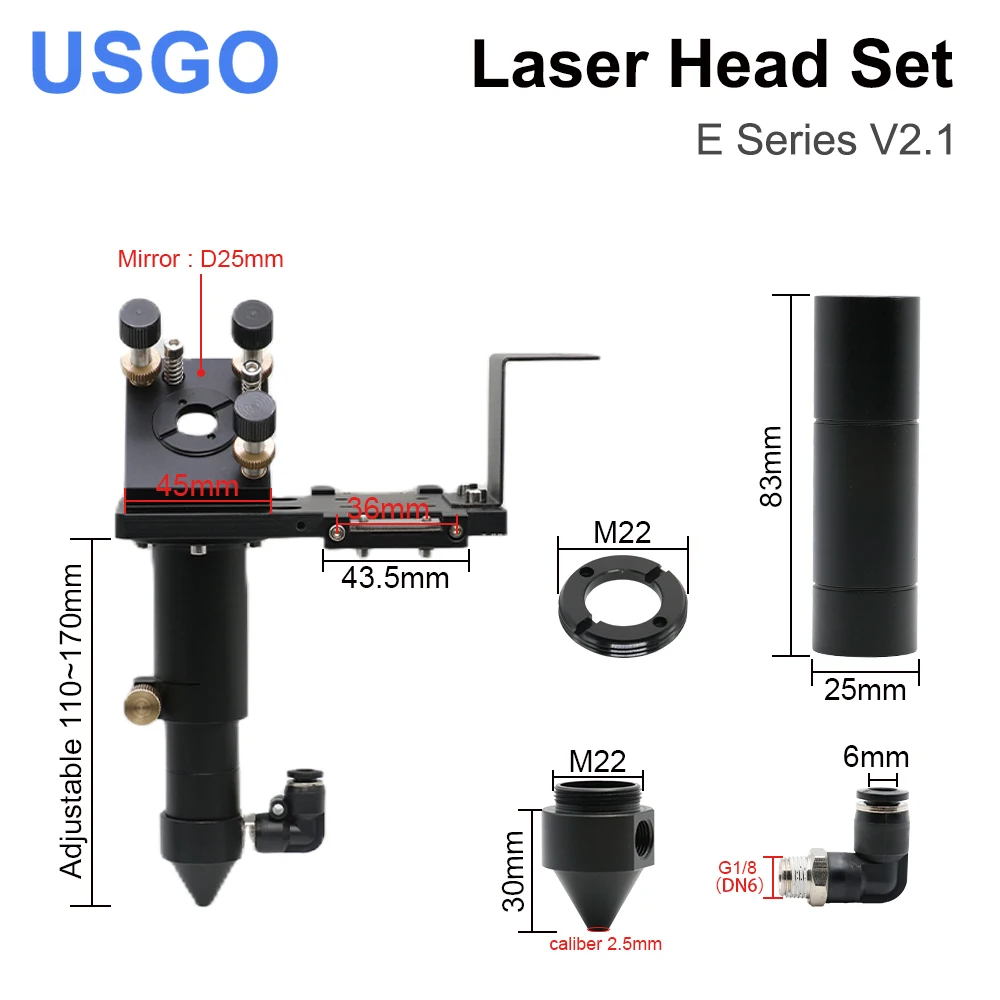 USGO CO2 Laser Head Set E Series Laser head + 1 Pcs Focusing Lens + 3 Pcs Si / Mo Mirrors for Engraver Cutting Machine Parts