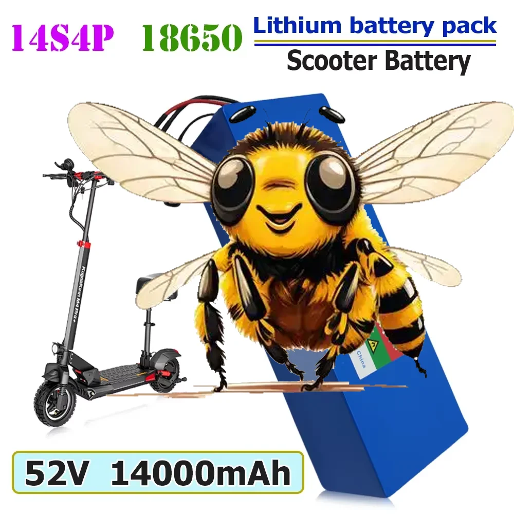 52V Rechargeable Li-ion 14S4P Battery Pack 18650 14AH High Capacity for 1500W Electric Bike Scooter Balance Car Toy Built-in BMS