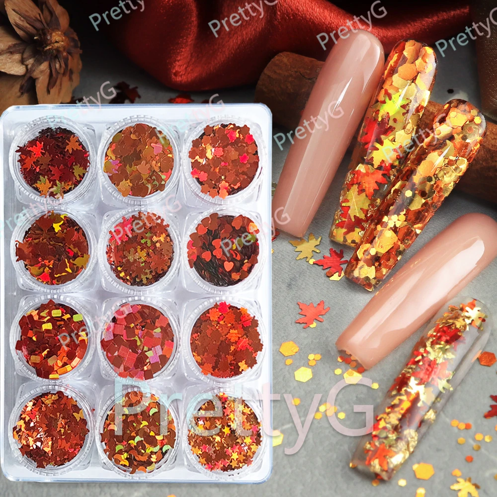 

PrettyG 1 Set 12Color Box Holographic Orange Sequin Autumn Leaves Glitter Shape Nail Glitter For Resin DIY Nail Art Decoration