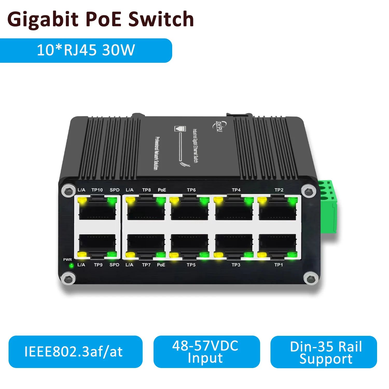 Industrial 10-Port Gigabit PoE Switch with SFP Slot, IEEE802.3af/at@120W, 12-48VDC Input, Din-Rail Supporting