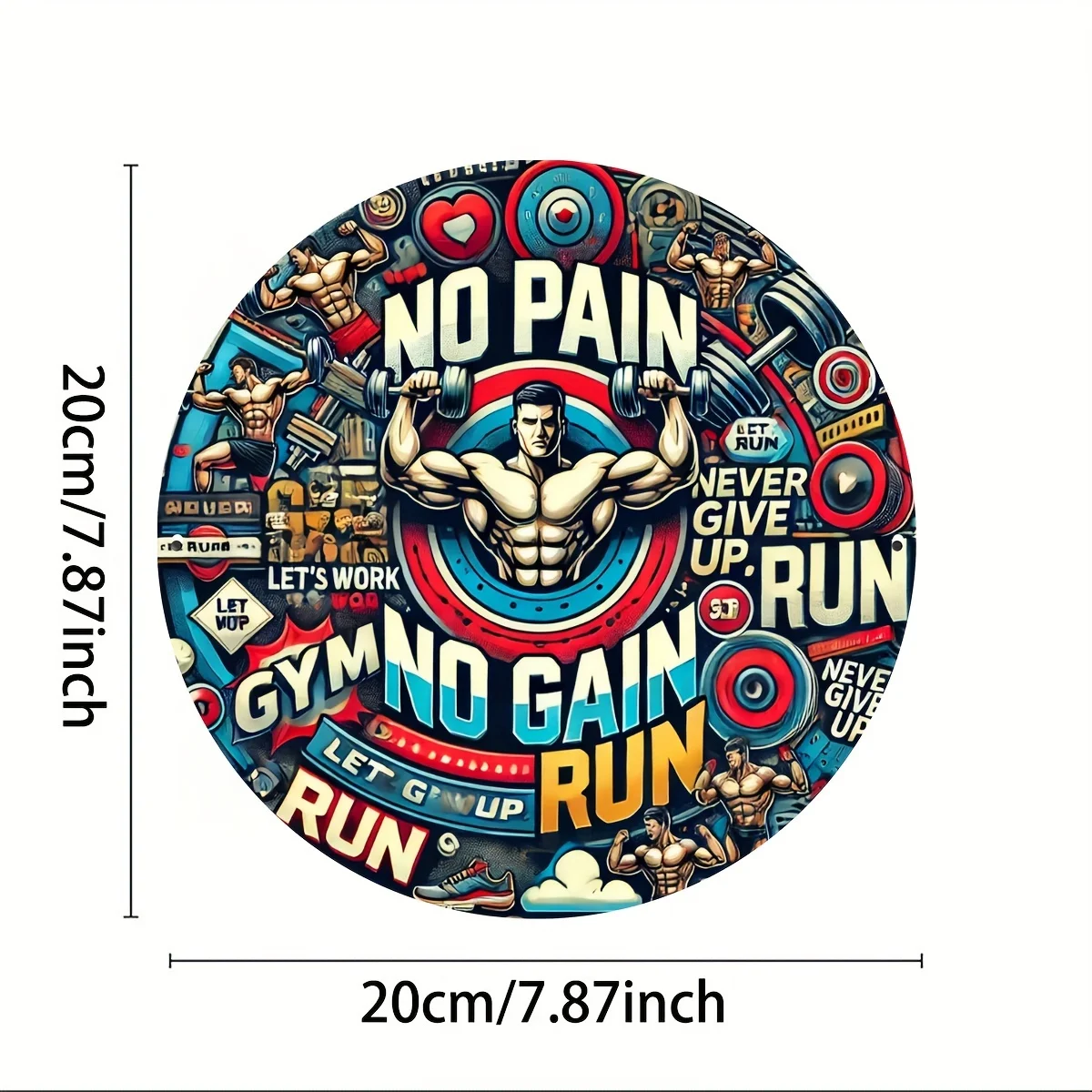 2D Retro Weightlifter No Pain No Gain Fitness Graphic Man Cave Wall Decor 20x20cm Metal Tin Sign / Iron Plaque