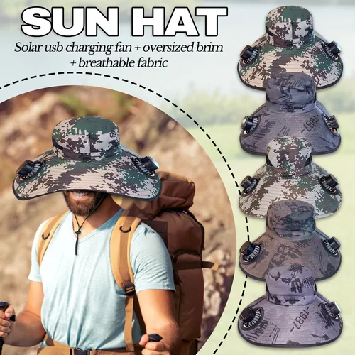 Imagen 2 del producto Sombrero para el sol de ala ancha para exteriores con 2 ventiladores solares, sombrero de pescador para hombres y mujeres, sombrero de playa de pesca con ventilador incorporado