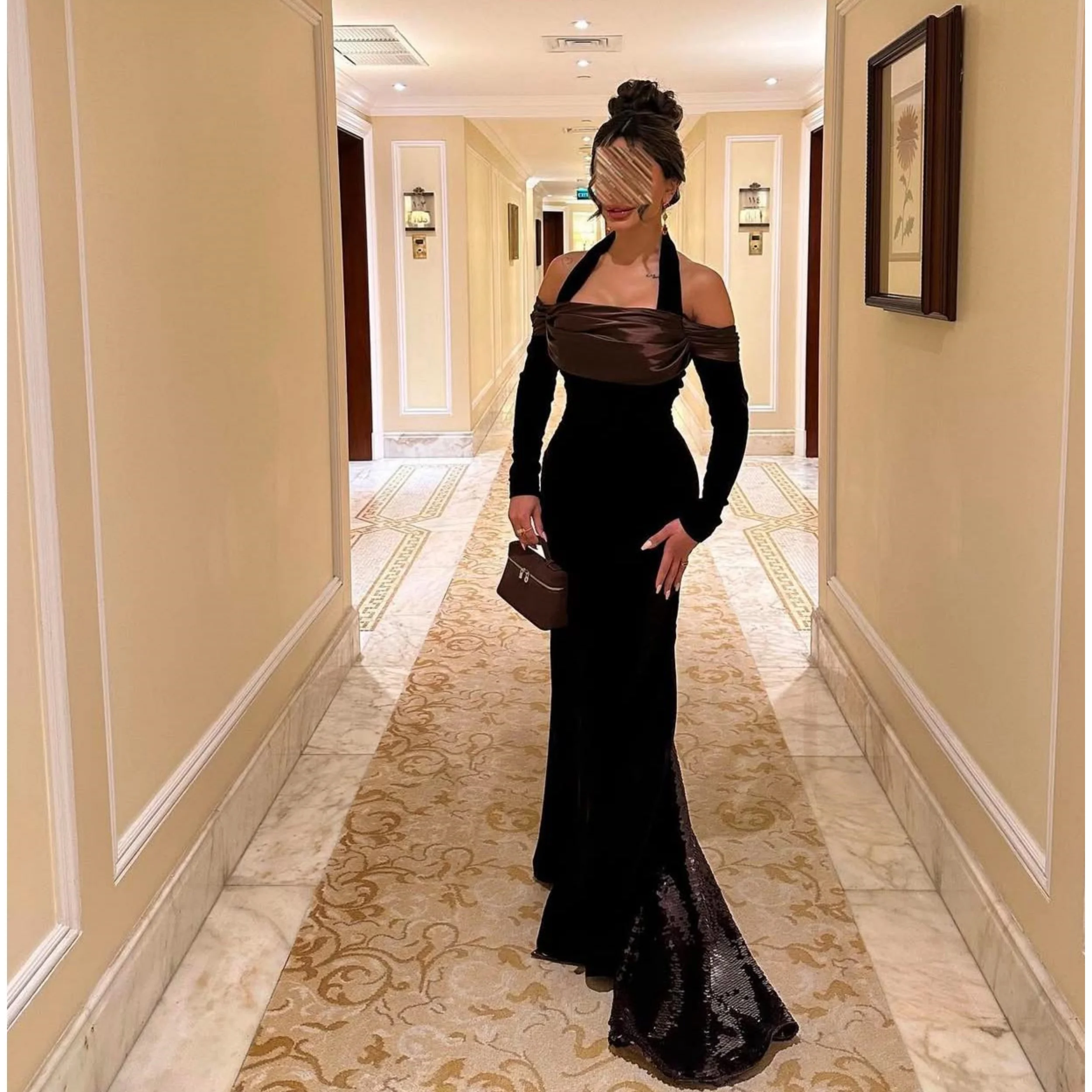 

Сексуальные черные вечерние платья русалки для женщин с бретелькой на шее, блестящие платья Vestido de Noche по индивидуальному заказу, вечерние платья для выпускного вечера с длинными рукавами
