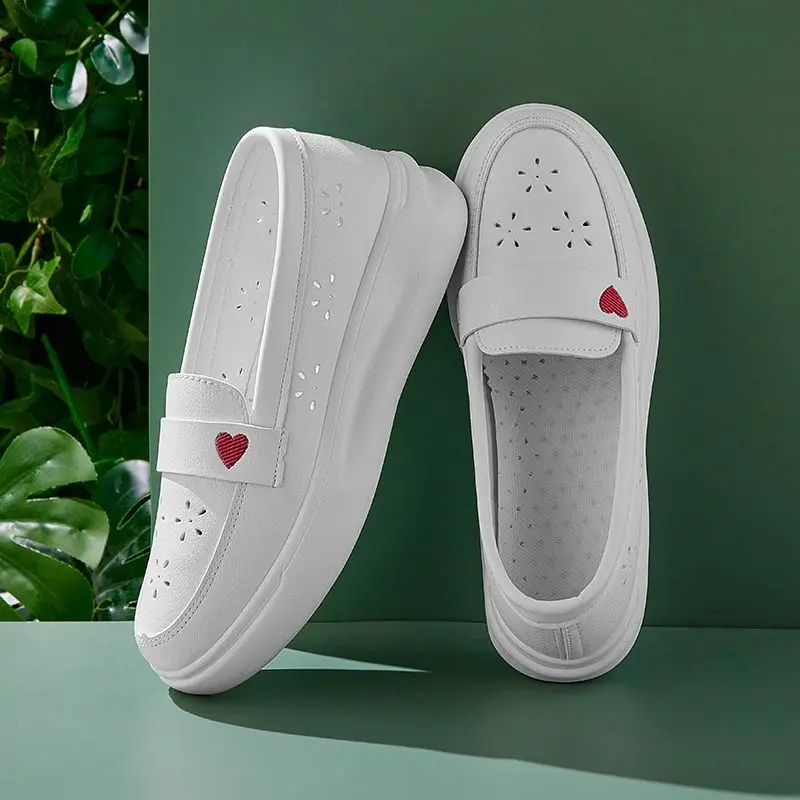 Women Thick Sole Hollow Out Nursing Shoes White Sneakers Comfortable for Long Standing Spring Autumn Casual Flats Korean Style