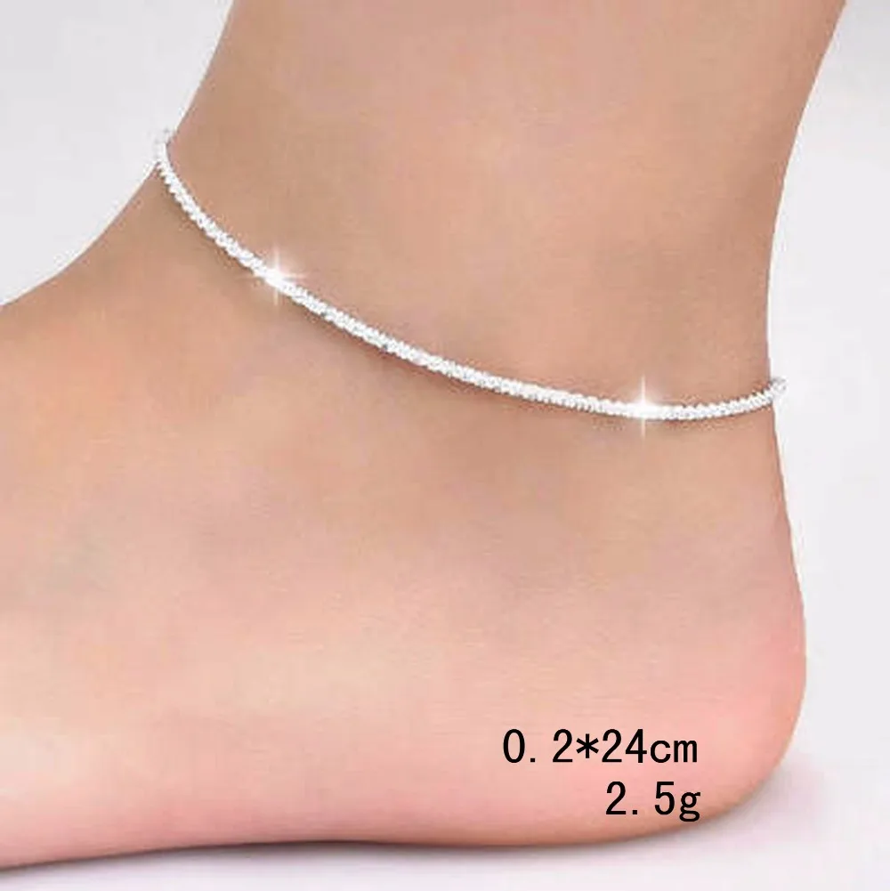 Thin 925 stamped silver plated Shiny Chains Anklet For Women Girls Friend Foot Jewelry Leg Bracelet Barefoot Tobillera de Prata