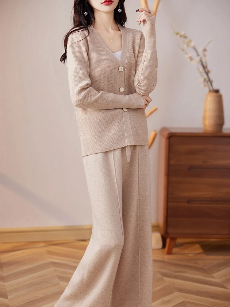 New Autumn Winter Women Pants Suit Cashmere Sweater V-Neck Button Cardigan 100% Merino Wool Knitwear Women's Two Pieces Set