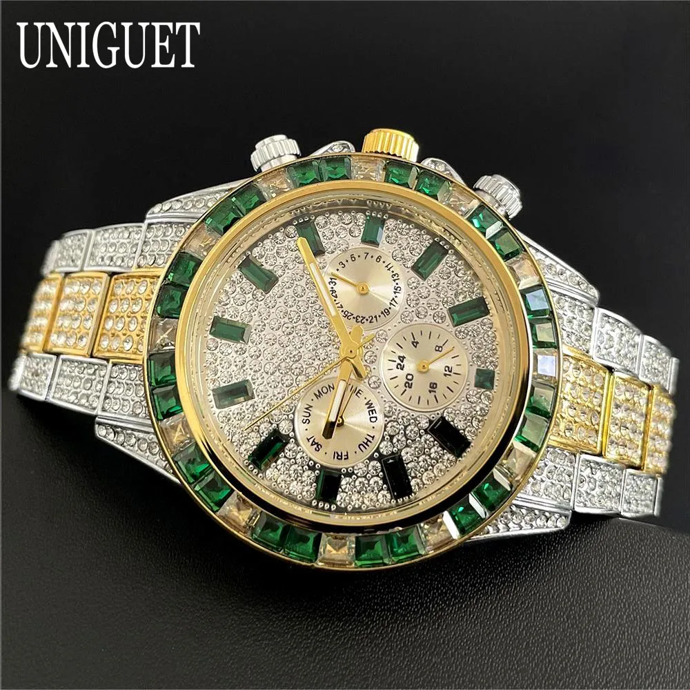 Hot Fashion Green Watches Men Brand UNIGUET Luxury Stainless Steel Hip Hop Rainbow Diamond Quartz Wristwatch Male Dropshipping ﻿