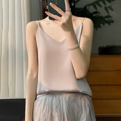 Women's Sexy Top Halter V-Neck Underwear Basic Sleeveless Satin Silk Vest Sexy Comfortable Silky Lingerie Halter Top-D01