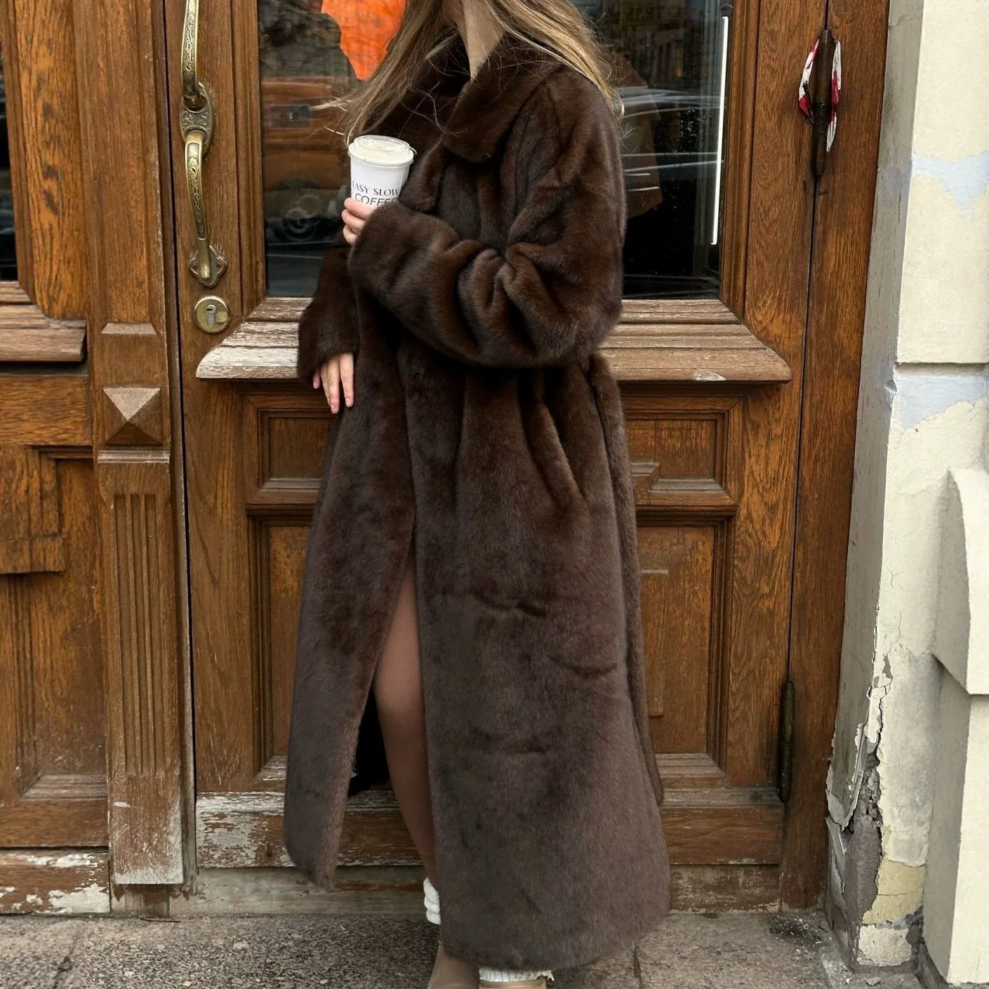 Brown Vintage Premium Faux Fur Maxi Coat with Belt Stunning Mob Wife Parka Outwear Mink Fur Cozy Winter Warm Outfit Inspiration