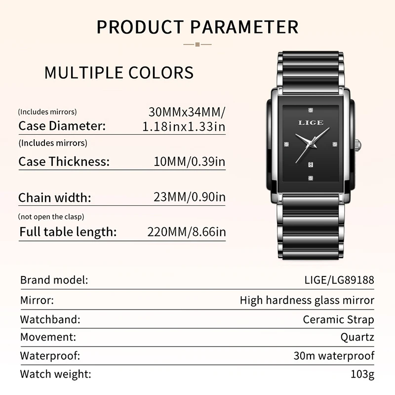 ساعات يد نسائية فاخرة جديدة من LIGE ساعات يد كوارتز سيراميك أنيقة مقاومة للماء هدية عصرية للسيدات ساعة Relojs Mujer + صندوق