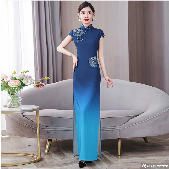 Chinese Style Improved Runway Cheongsam Gradient Color Slimming Hotel Etiquette Stage Performance Costume
