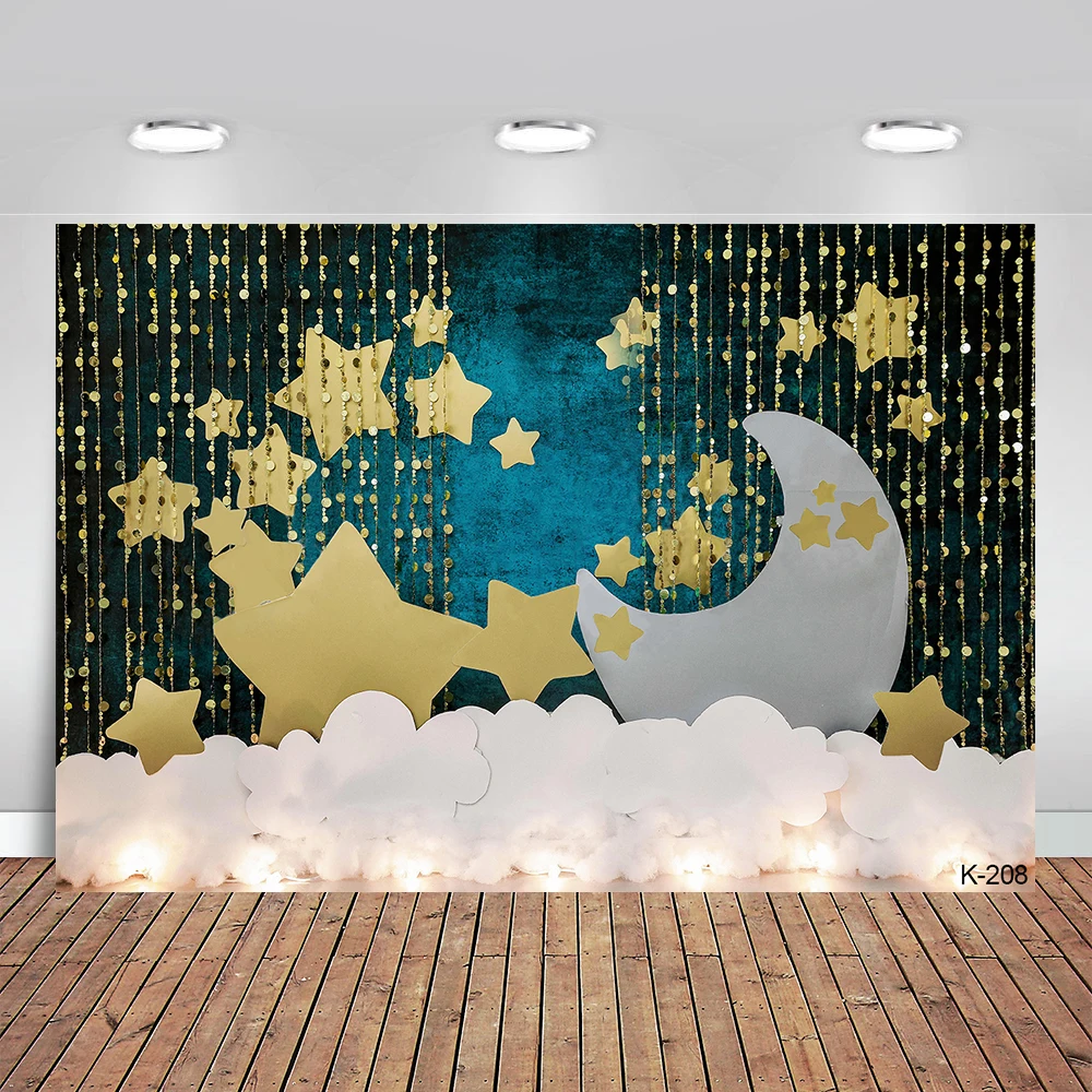 

Twinkle Twinkle Little Star Baby Shower Backdrop Blue Cloud Gold Star Moon Photography Background Studio Photo Shoot Photocall