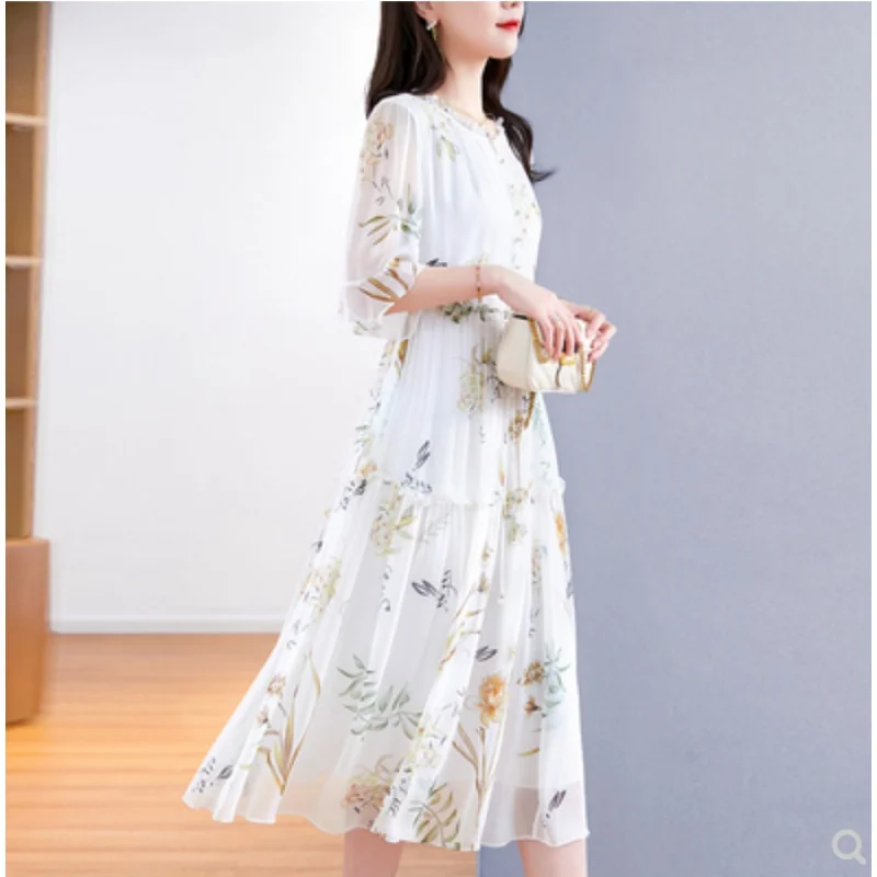 Summer Style Silk Dress for Women 2023 New Versatile Countryside Style Printed Dress Luxury Loose Tight Vacation Vestidos