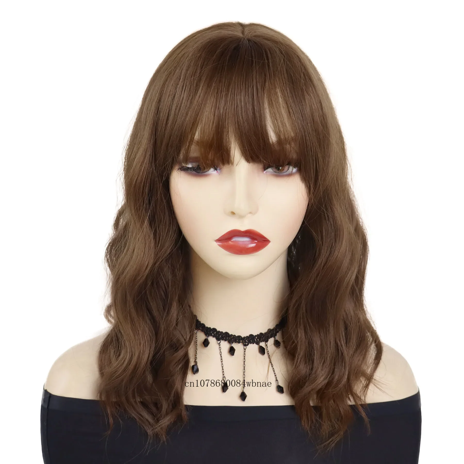 Synthetic Hair Brown Short Wavy Curly Wigs with Bangs for Women Girls Shoulder Length Wig Daily Costume Party Use Heat Resistant