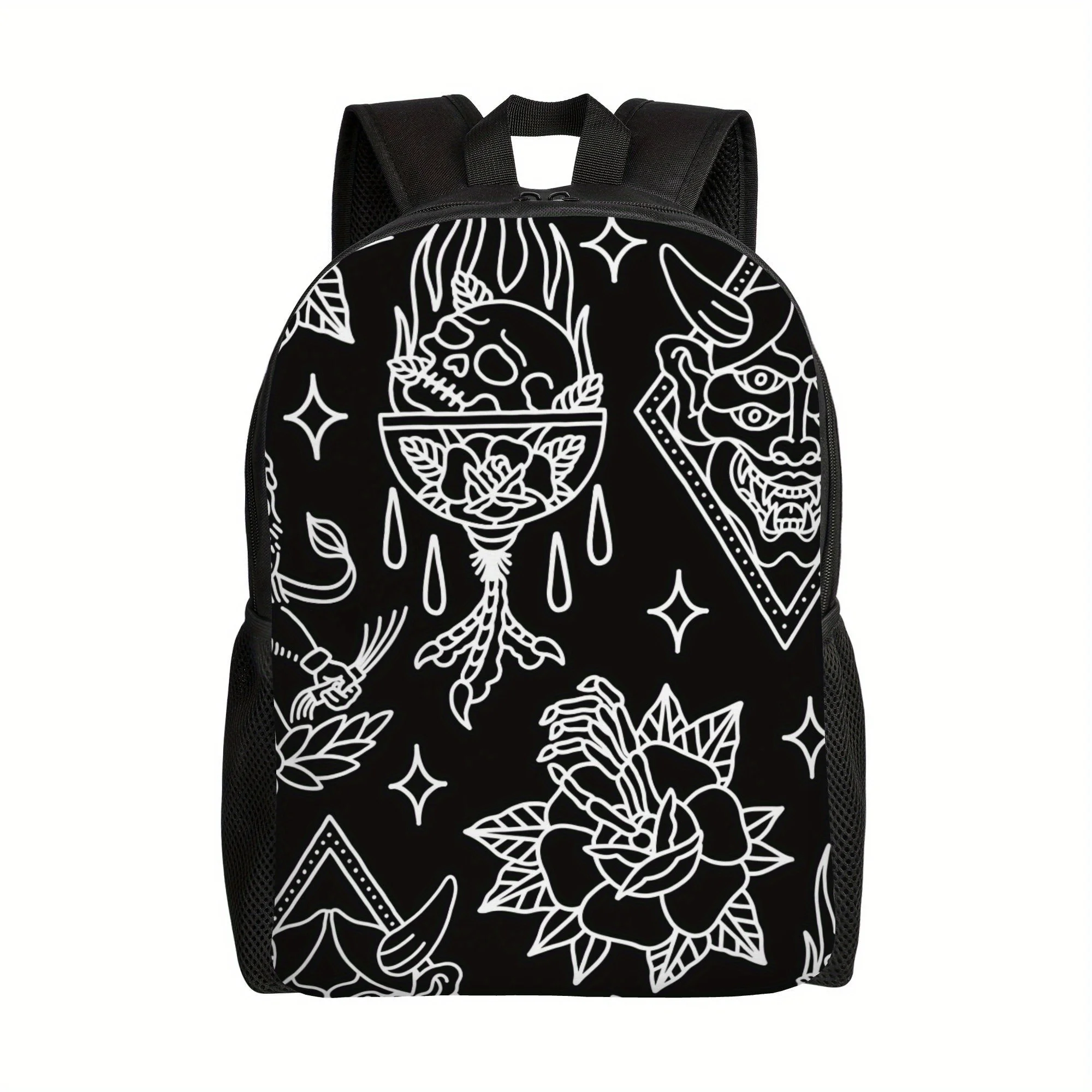 

Casual everyday backpack with a single main compartment design with a classic black and white tattoo shimmering pattern.