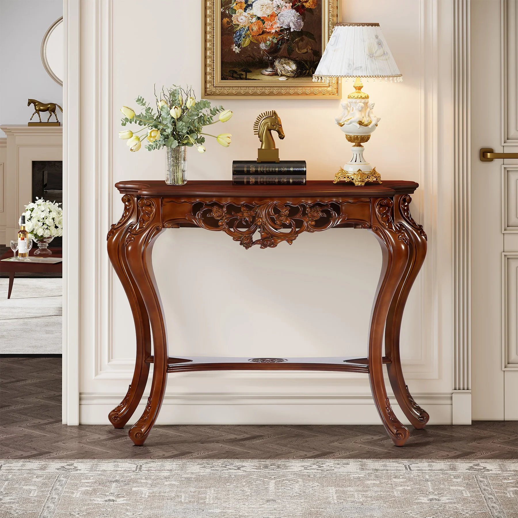 2025 New high end mid century modern walnut brown chinese carved wood retro luxury console table antique for entrance home decor