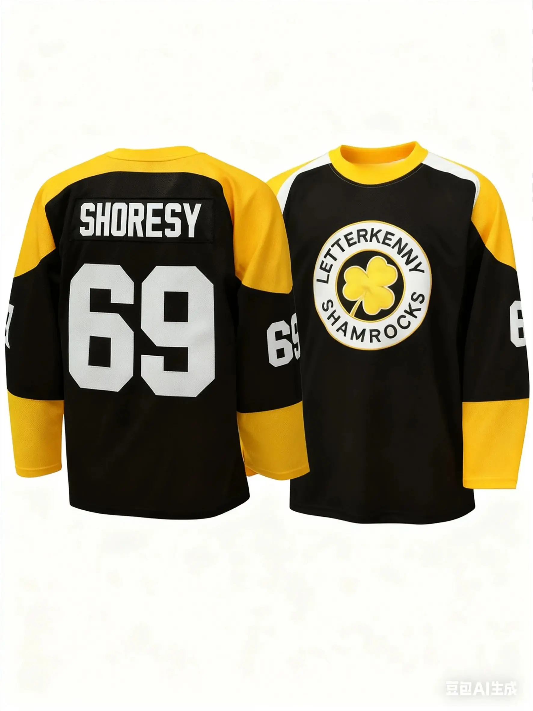 تي شيرت Letterkenny Shamrocks Hockey بأكمام طويلة أسود مع أصفر تي شيرت رياضي أنيق مع شعار Shoresy 69" Shamrocks #1